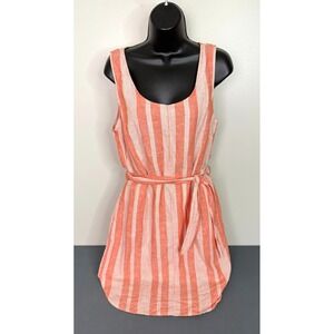 Eddie Bauer Women's 90s Linen Belted Midi Shift Dress Striped Peach Size Medium